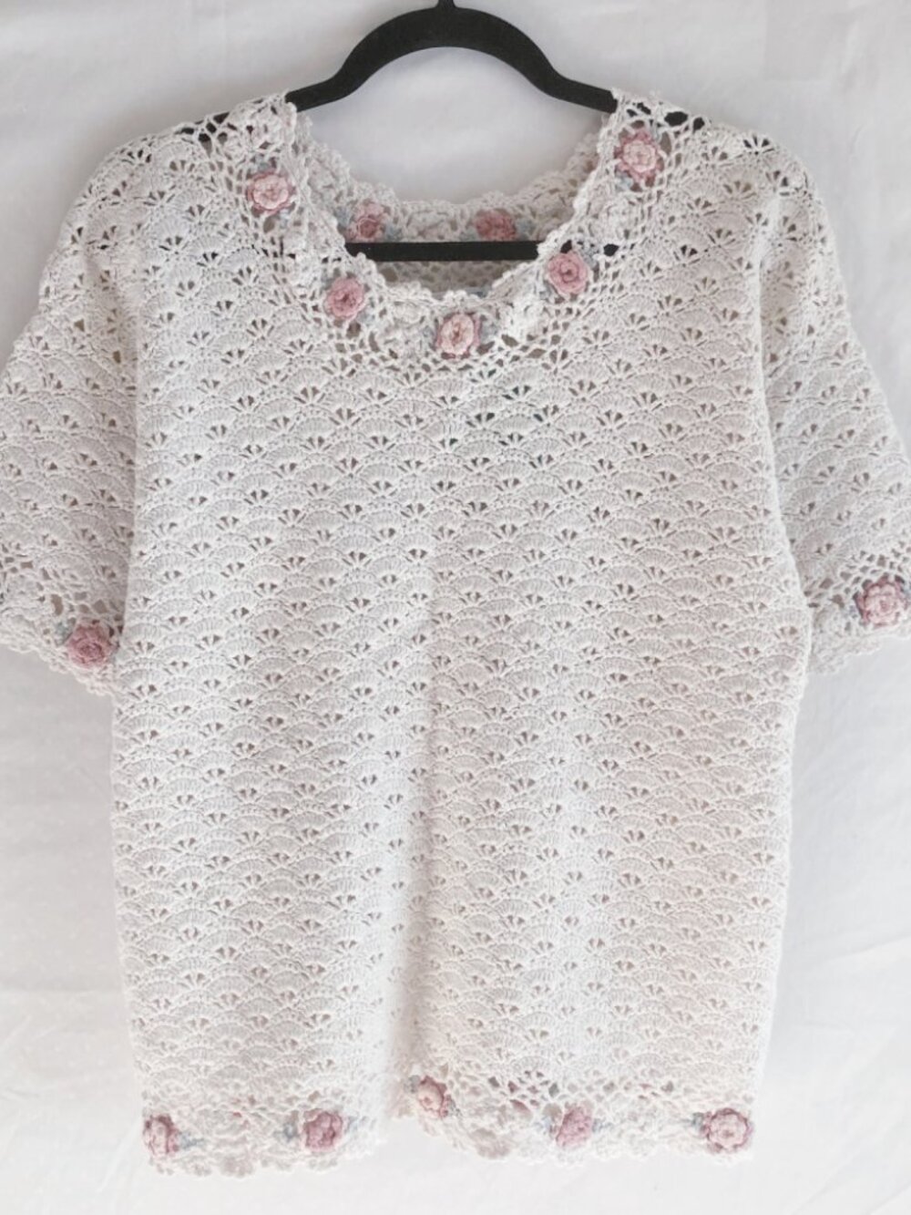 Vintage 80s Shenanigans Beige Crochet Knit Short Sleeve Sweater Size M